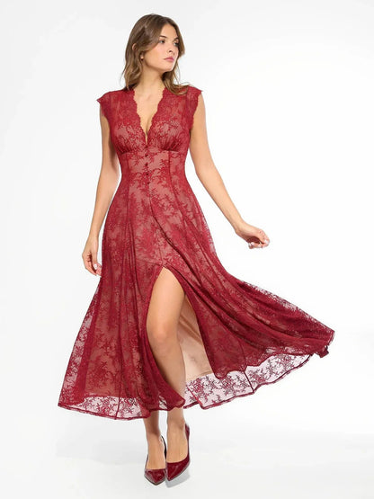 Shapewear Boho Floral Lace Front Slit Maxi Dress