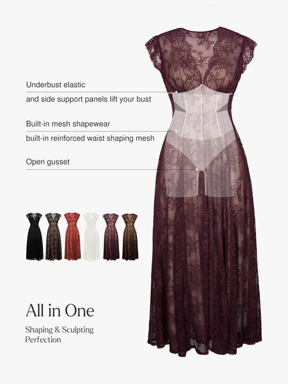 Shapewear Boho Floral Lace Front Slit Maxi Dress
