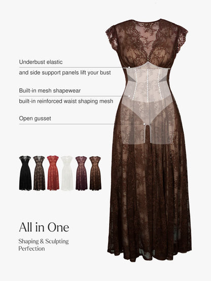 Shapewear Boho Floral Lace Front Slit Maxi Dress