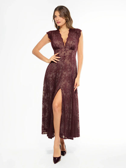 Shapewear Boho Floral Lace Front Slit Maxi Dress