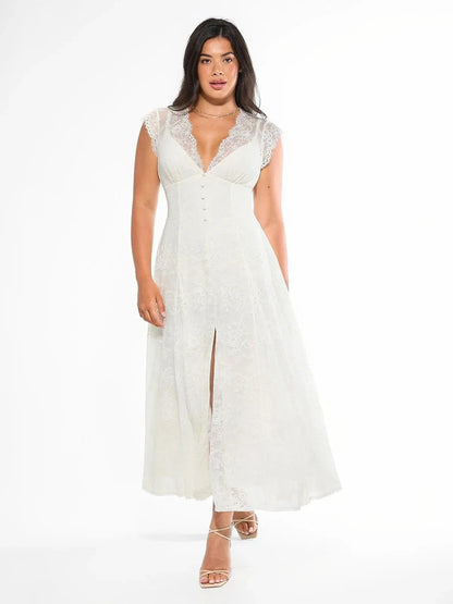 Shapewear Boho Floral Lace Front Slit Maxi Dress