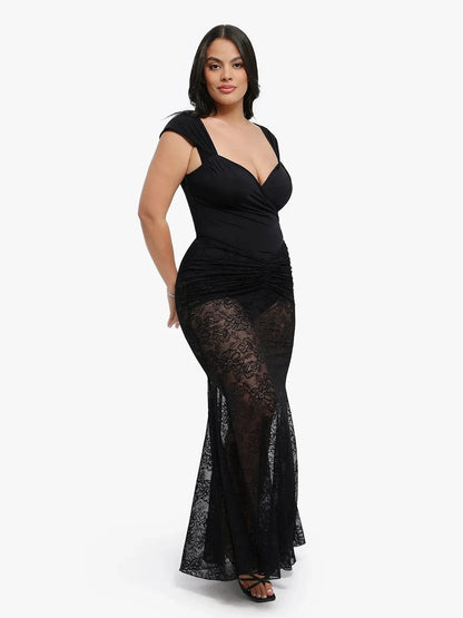 Shapewear Cap Sleeve Bodysuit Lace Fishtail Coverup Skirt Set