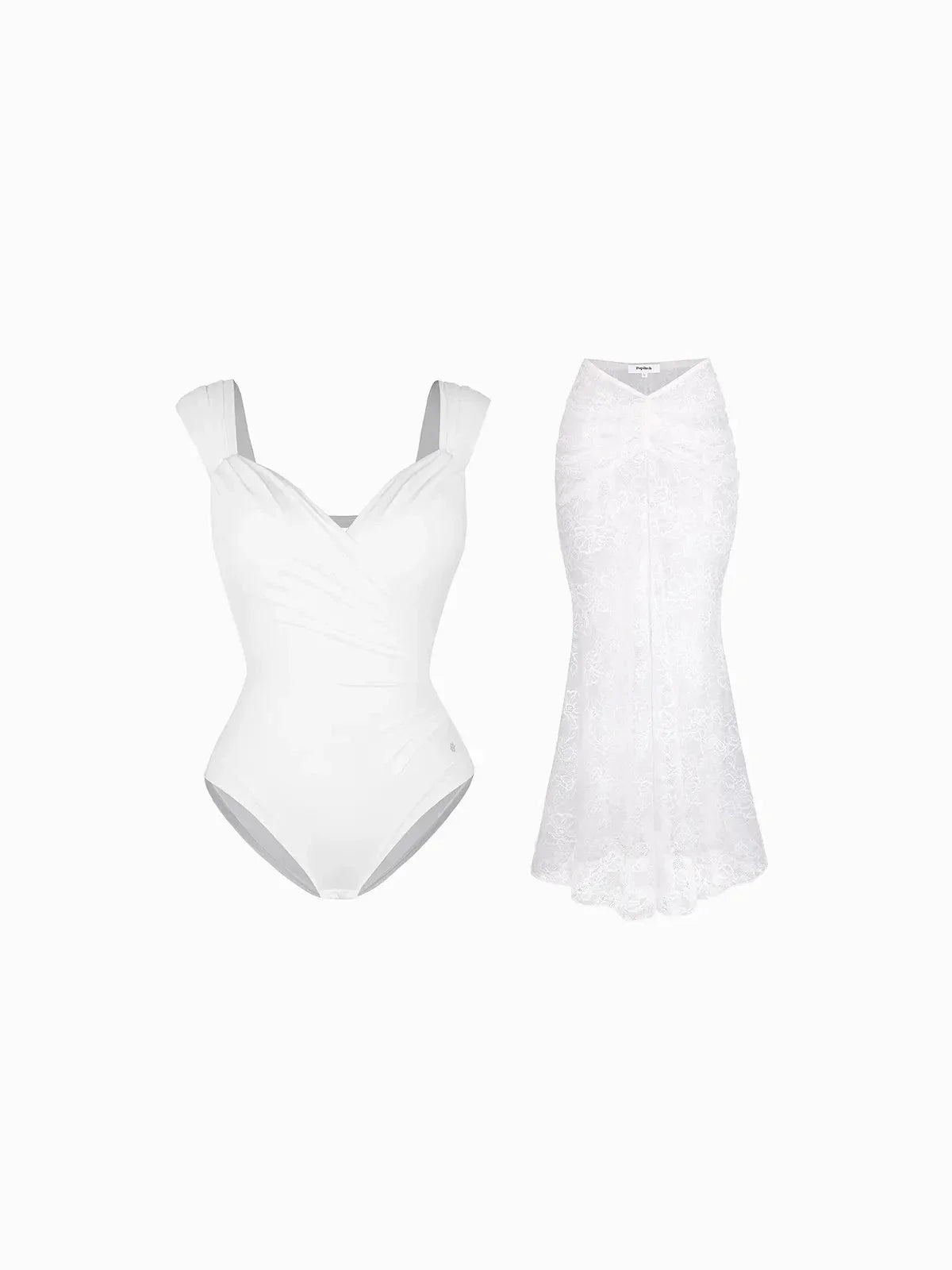 Shapewear Cap Sleeve Bodysuit Lace Fishtail Coverup Skirt Set