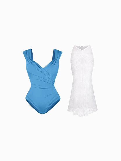 Shapewear Cap Sleeve Bodysuit Lace Fishtail Coverup Skirt Set