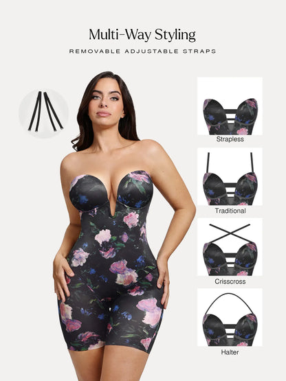 Shapewear Deep V Convertible Strap Mid-Thigh Bodysuit