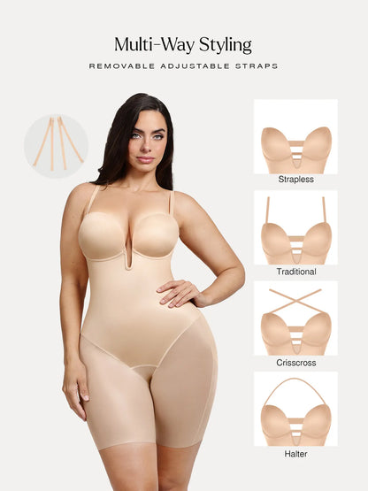 Shapewear Deep V Convertible Strap Mid-Thigh Bodysuit