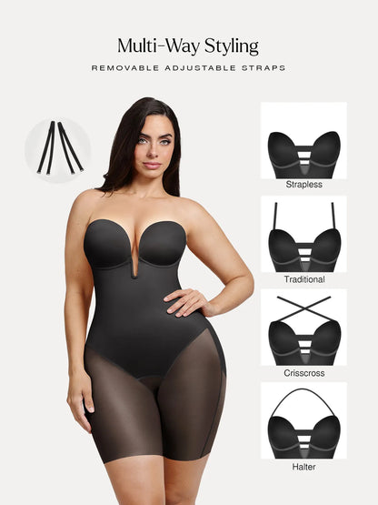 Shapewear Deep V Convertible Strap Mid-Thigh Bodysuit