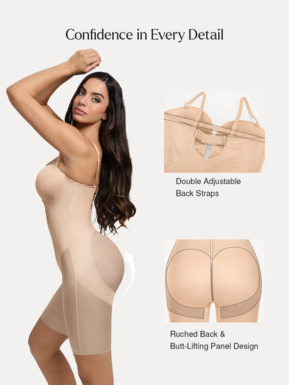 Shapewear Deep V Convertible Strap Mid-Thigh Bodysuit