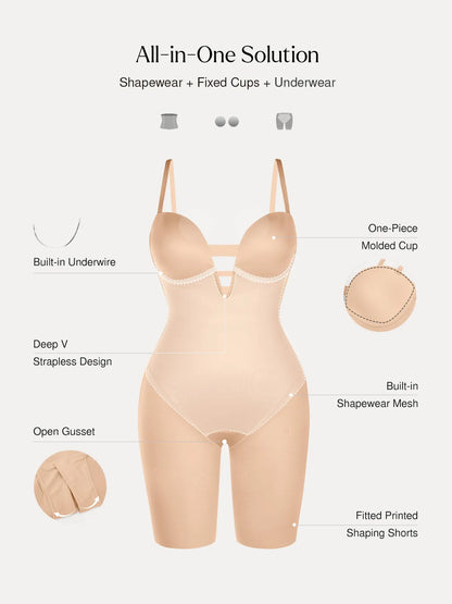 Shapewear Deep V Convertible Strap Mid-Thigh Bodysuit