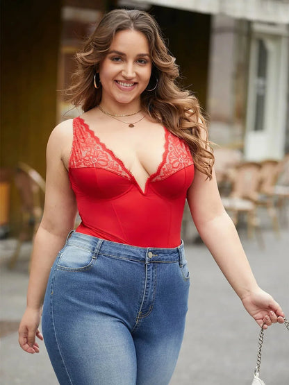 Shapewear Deep V-Neck Sculpting Lace Inset Bodysuit