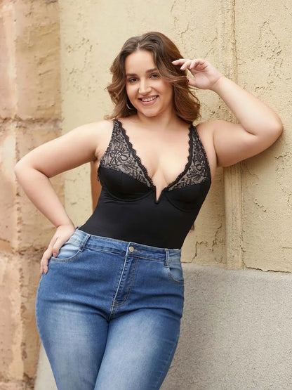 Shapewear Deep V-Neck Sculpting Lace Inset Bodysuit