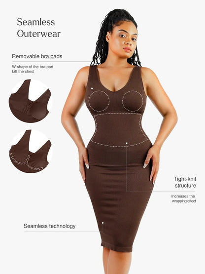 Shapewear Deep V-Neck Tummy Control Midi Dress