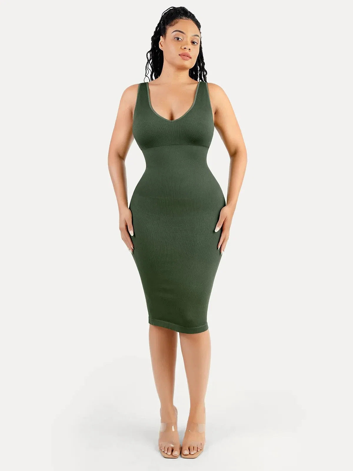 Shapewear Deep V-Neck Tummy Control Midi Dress