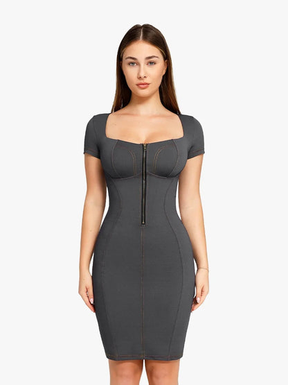 Shapewear Square Neck Denim Tummy Control Midi Dress