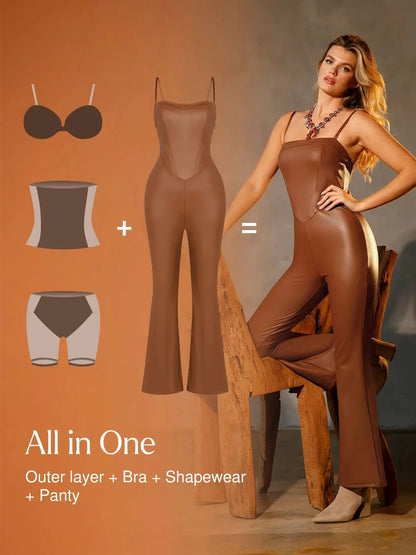 Shapewear Corset Bodice Faux Leather Slimming Jumpsuit