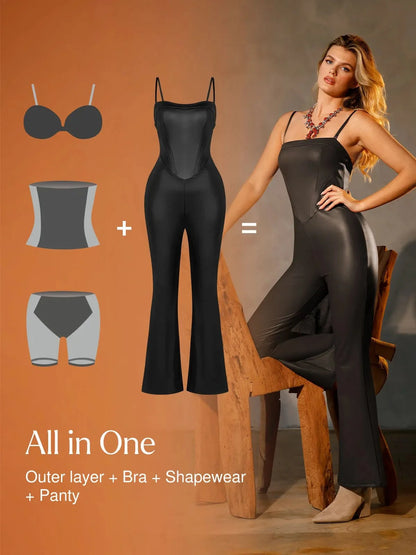 Shapewear Corset Bodice Faux Leather Slimming Jumpsuit