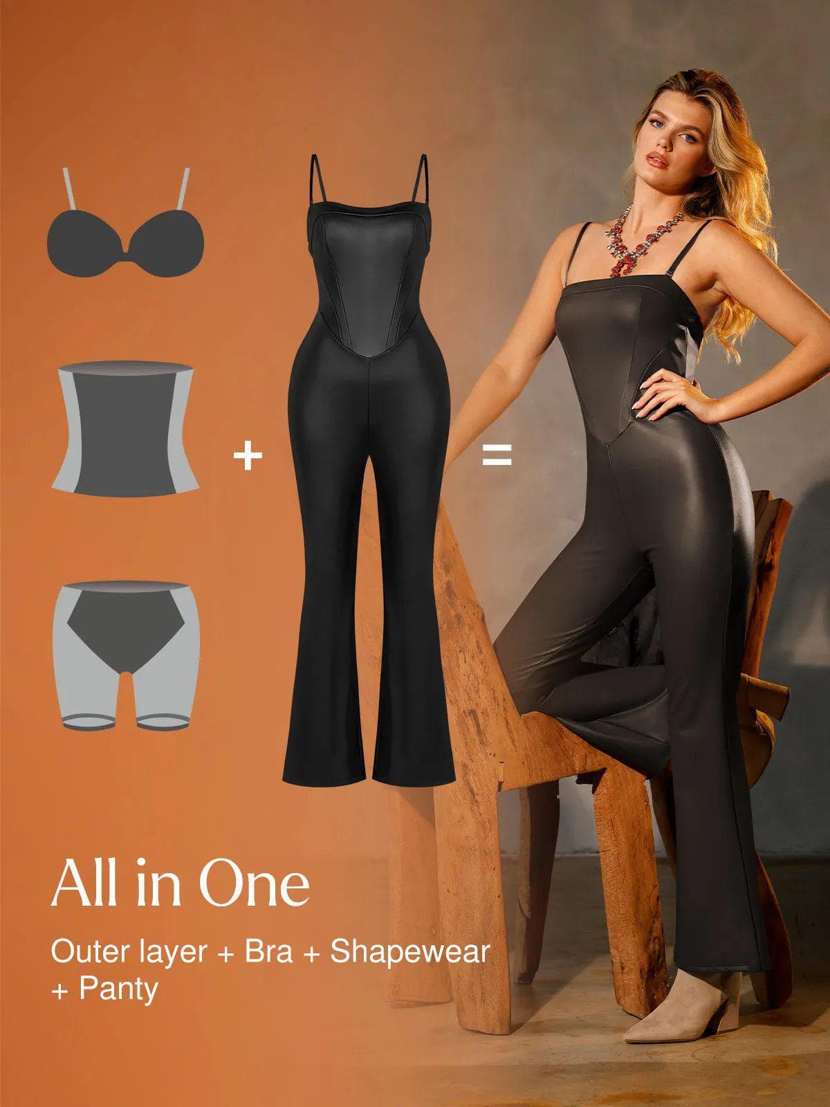 Shapewear Faux Leather Corset Jumpsuit Set