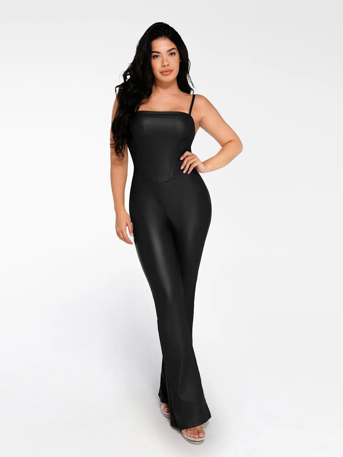 Shapewear Faux Leather Corset Jumpsuit Set