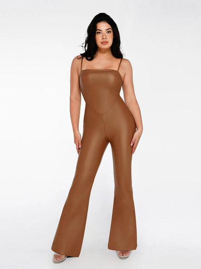 Shapewear Faux Leather Corset Jumpsuit Set