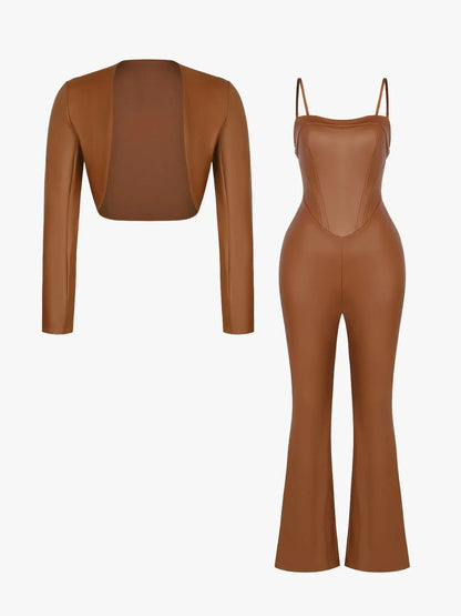 Shapewear Faux Leather Corset Jumpsuit Set