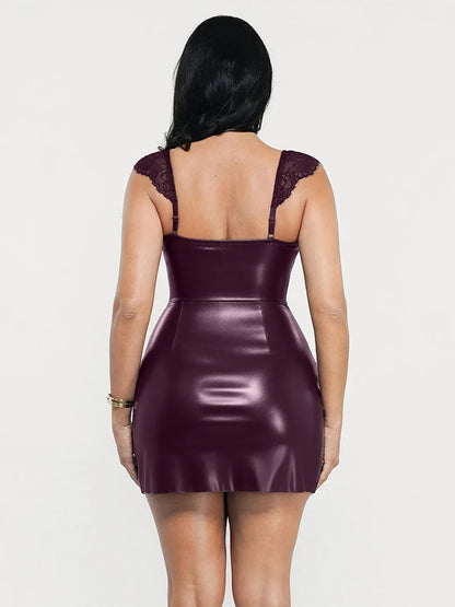 Shapewear Faux Leather Draped Lace Mini Dress