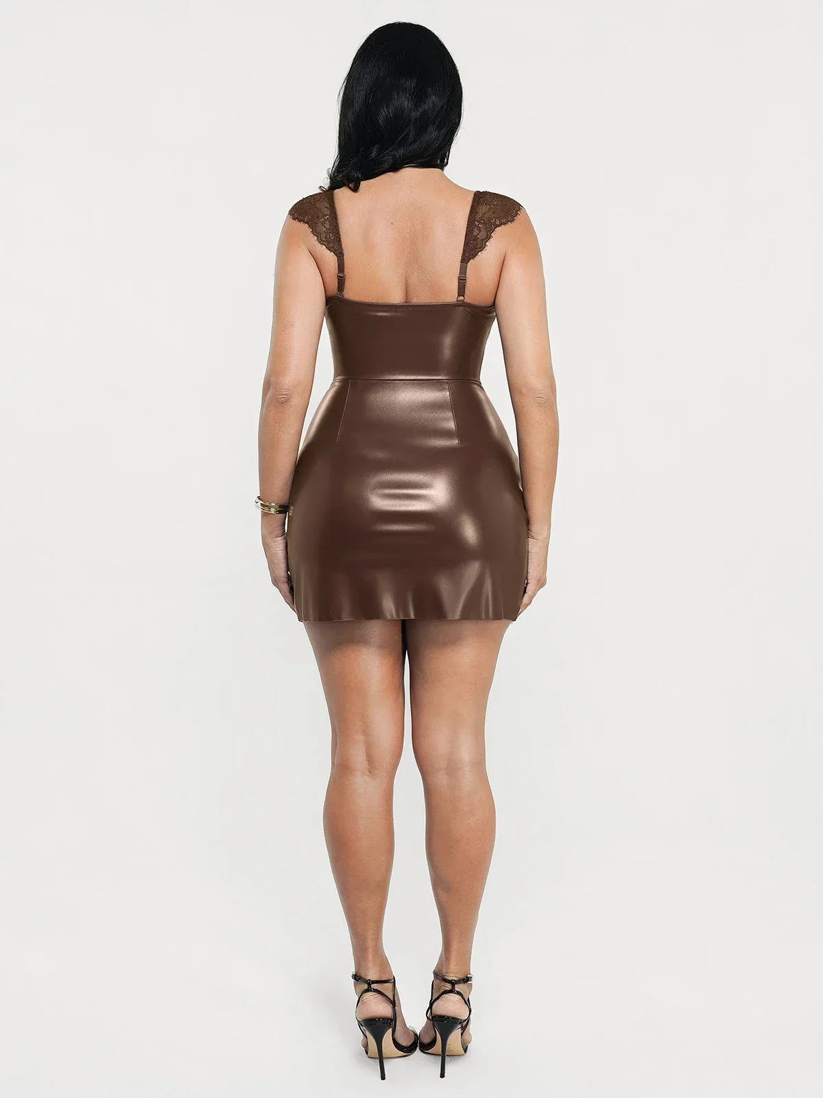 Shapewear Faux Leather Draped Lace Mini Dress
