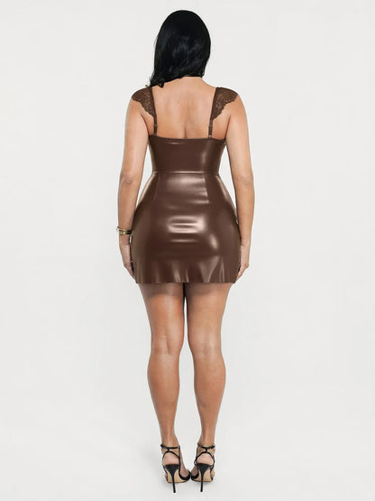 Shapewear Faux Leather Draped Lace Mini Dress