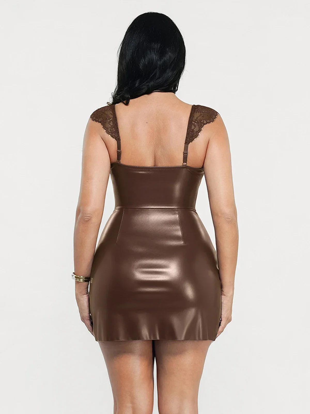 Shapewear Faux Leather Draped Lace Mini Dress