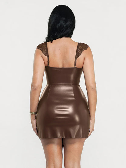 Shapewear Faux Leather Draped Lace Mini Dress