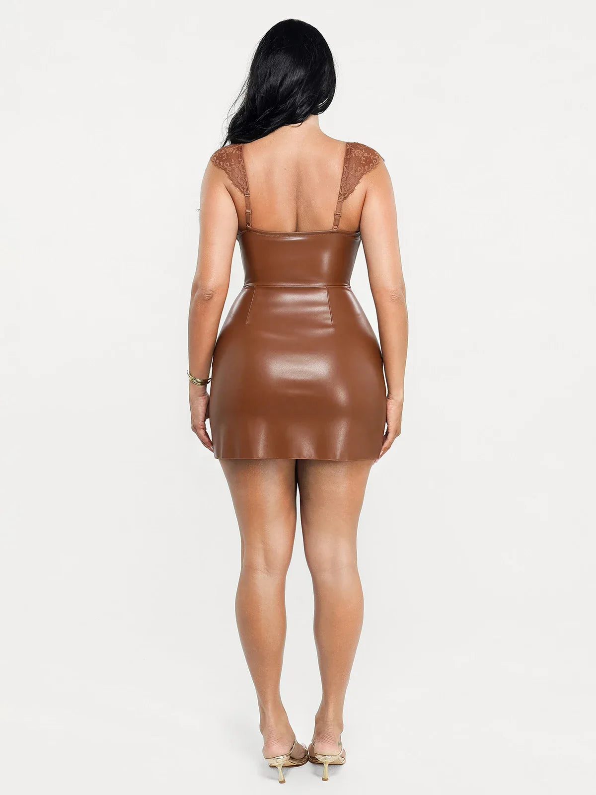 Shapewear Faux Leather Draped Lace Mini Dress