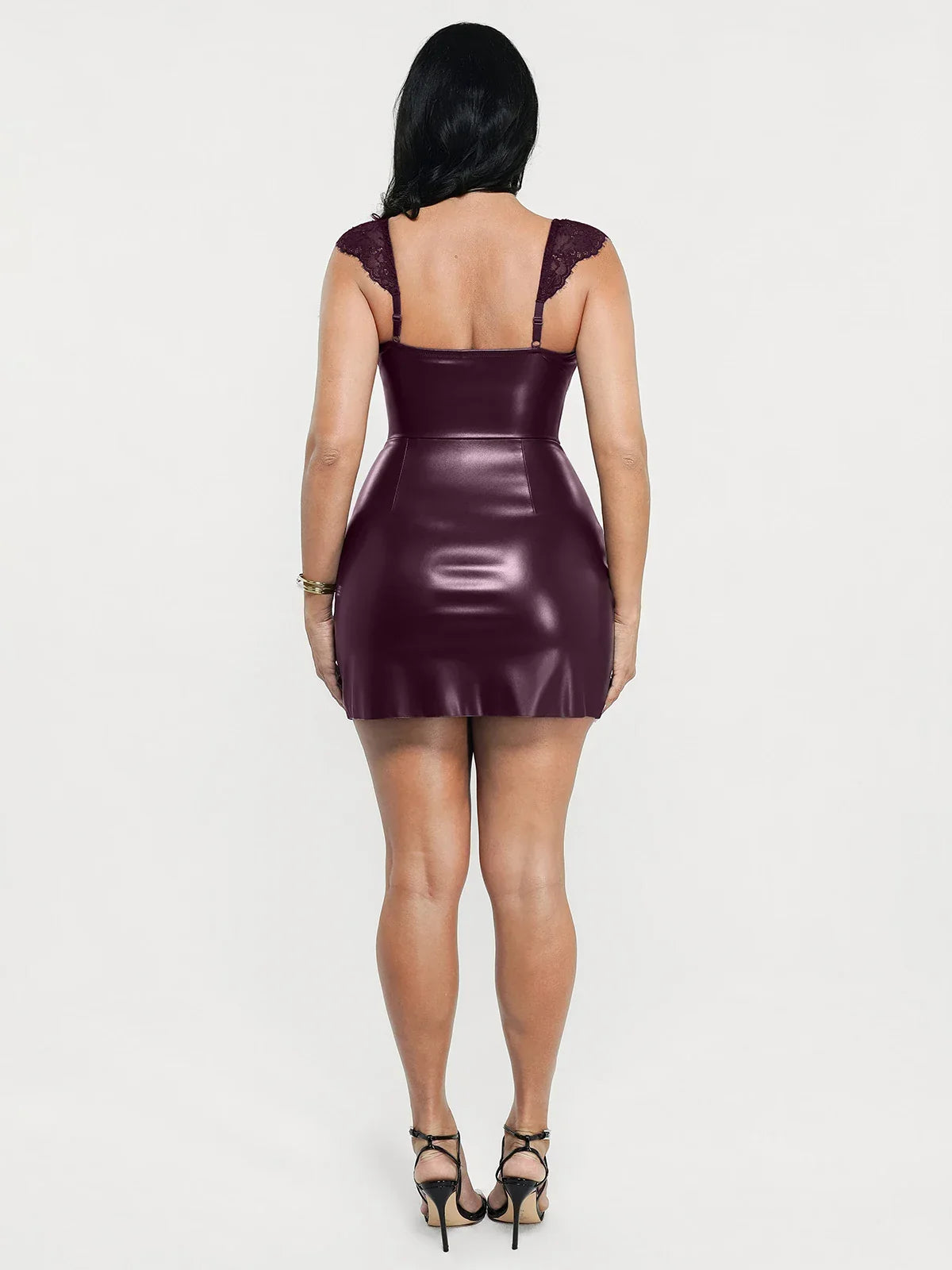 Shapewear Faux Leather Draped Lace Mini Dress
