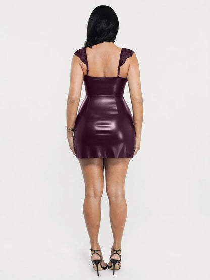 Shapewear Faux Leather Draped Lace Mini Dress
