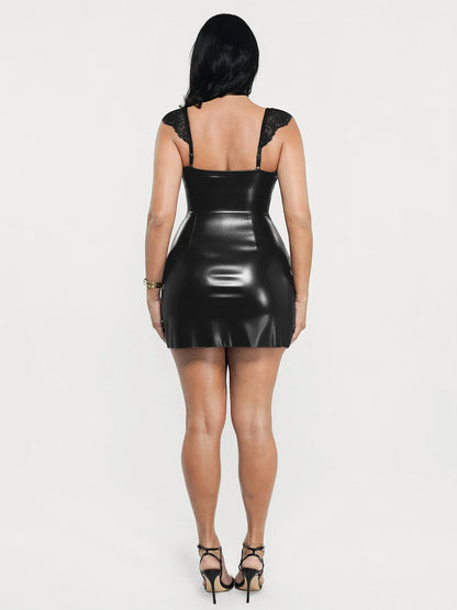Shapewear Faux Leather Draped Lace Mini Dress