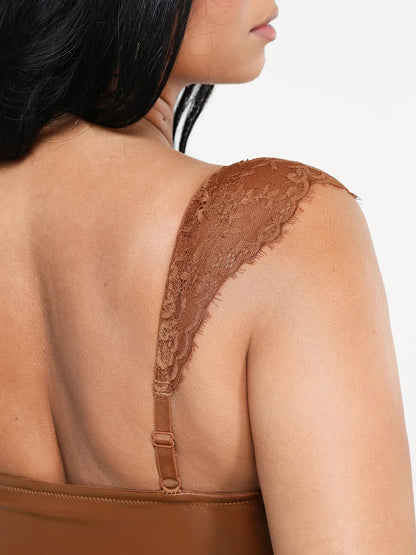 Shapewear Faux Leather Draped Lace Mini Dress