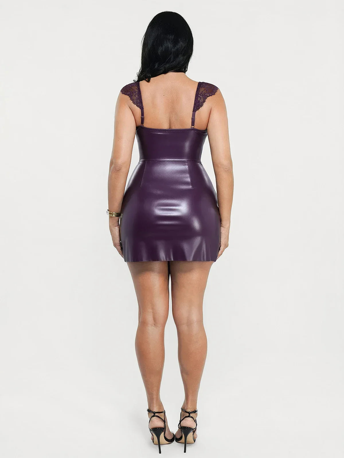 Shapewear Faux Leather Draped Lace Mini Dress