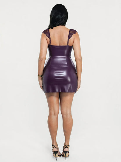 Shapewear Faux Leather Draped Lace Mini Dress