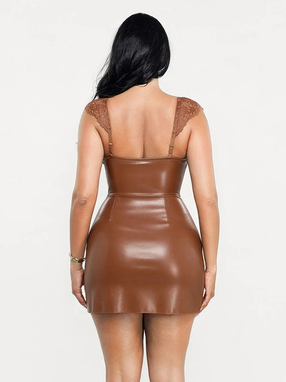 Shapewear Faux Leather Draped Lace Mini Dress