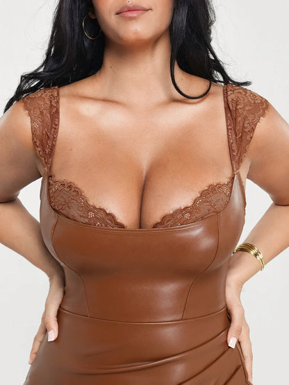 Shapewear Faux Leather Draped Lace Mini Dress