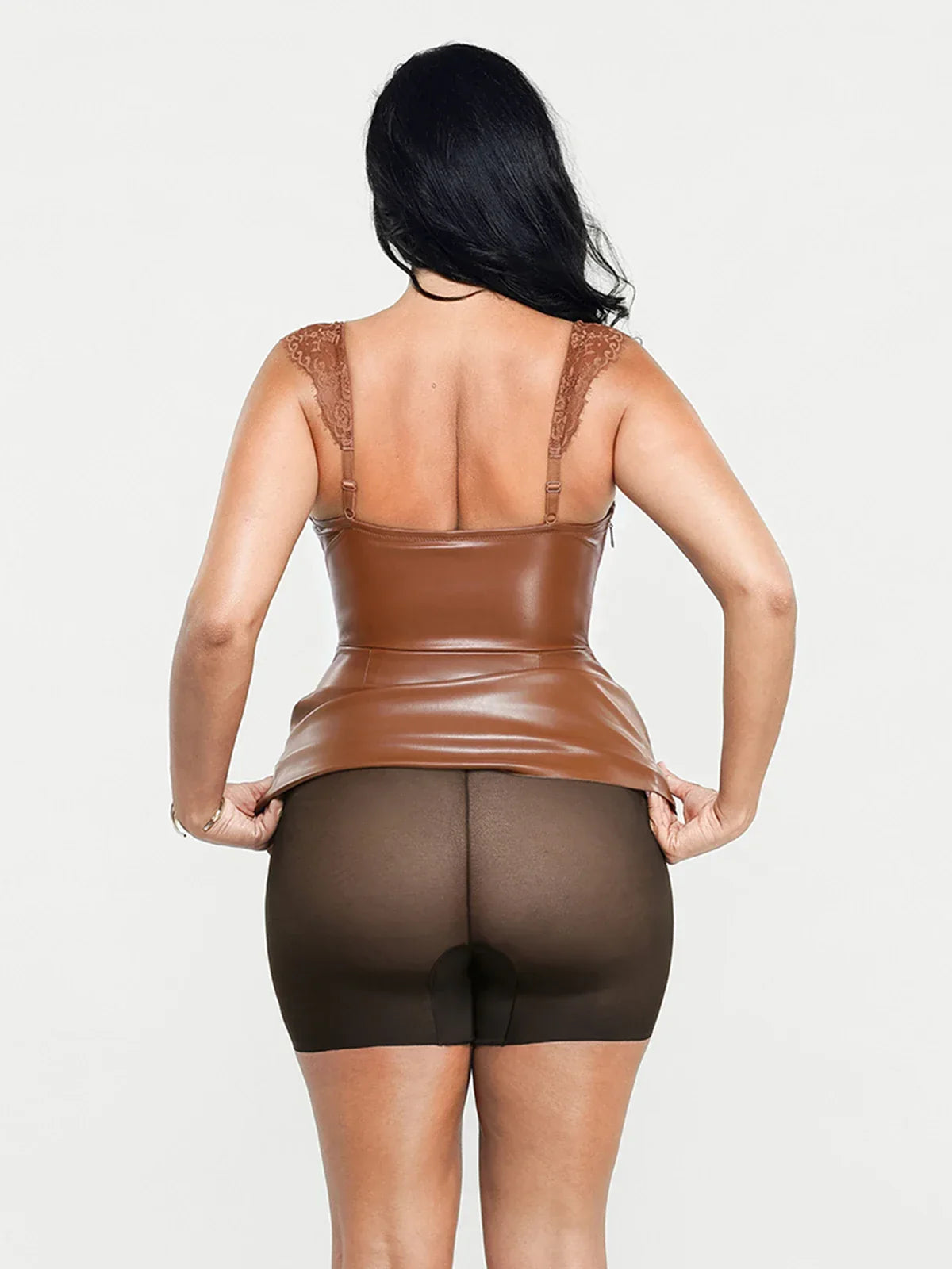 Shapewear Faux Leather Draped Lace Mini Dress