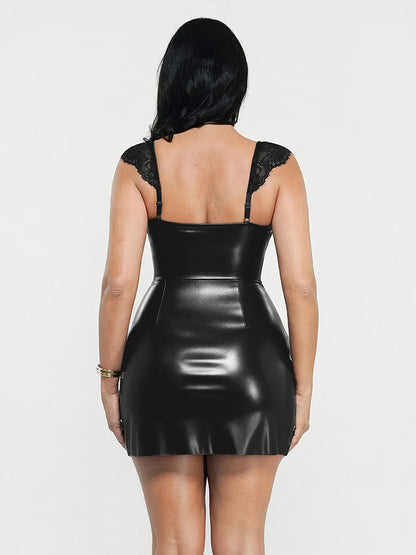 Shapewear Faux Leather Draped Lace Mini Dress