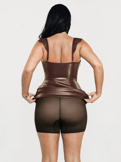 Shapewear Faux Leather Draped Lace Mini Dress