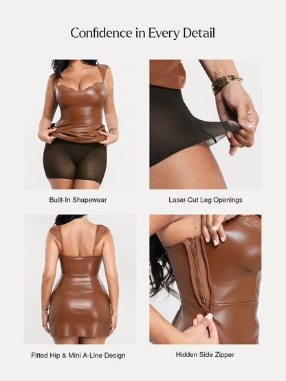 Shapewear Faux Leather Draped Lace Mini Dress
