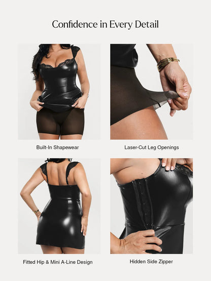 Shapewear Faux Leather Draped Lace Mini Dress