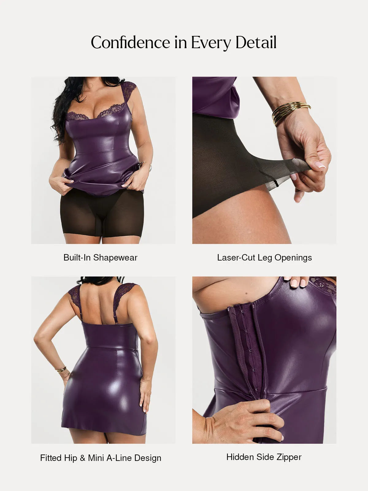 Shapewear Faux Leather Draped Lace Mini Dress