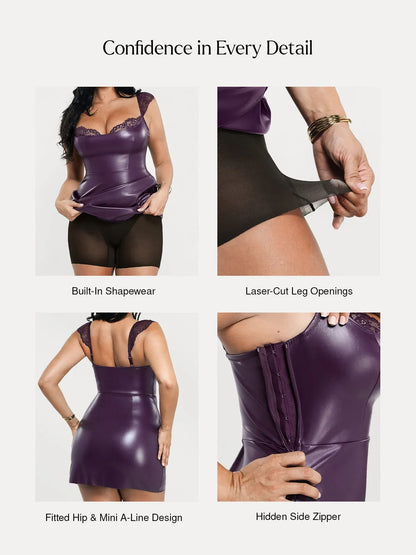 Shapewear Faux Leather Draped Lace Mini Dress