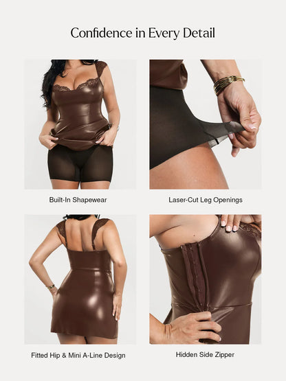 Shapewear Faux Leather Draped Lace Mini Dress