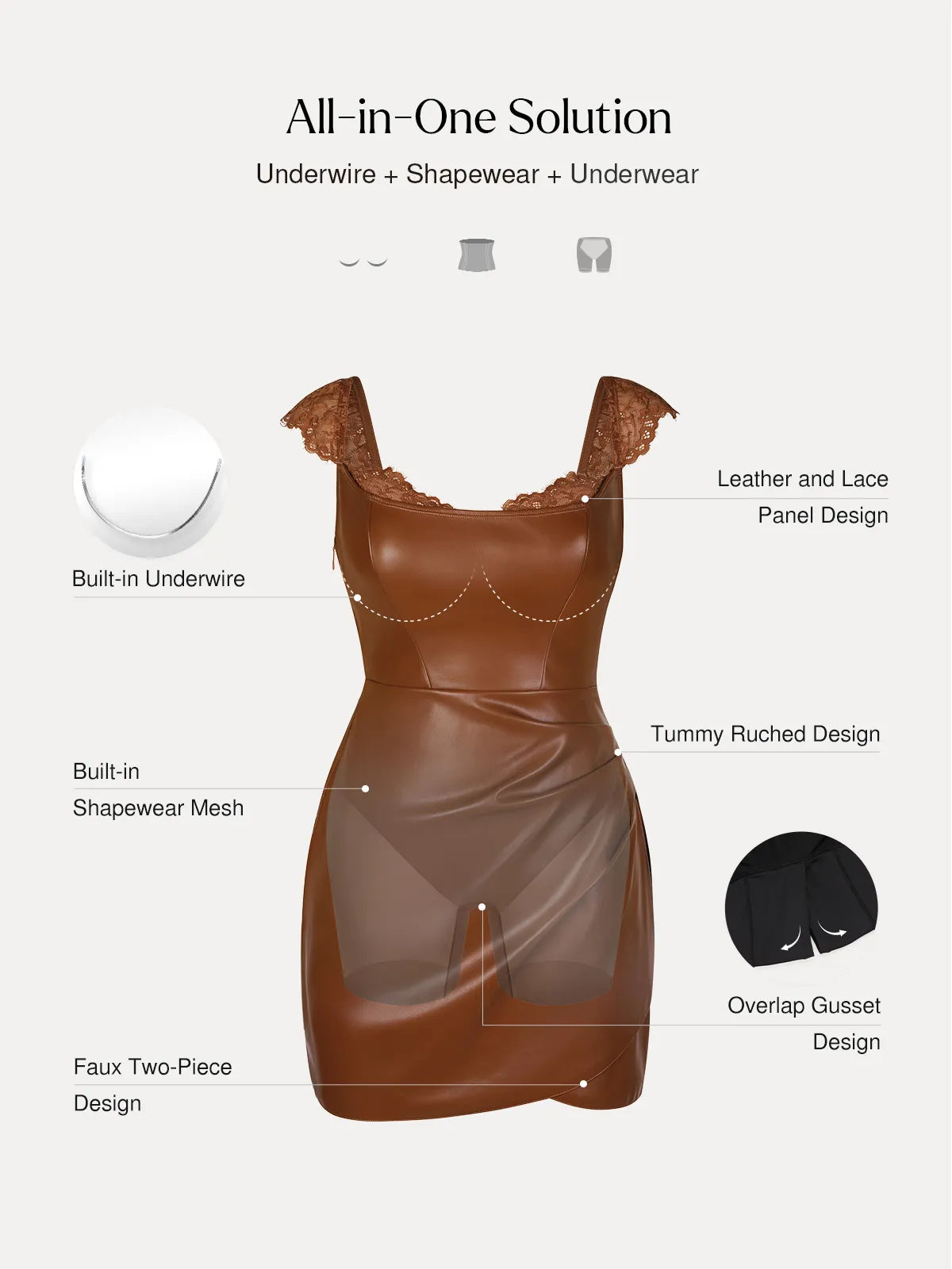 Shapewear Faux Leather Draped Lace Mini Dress