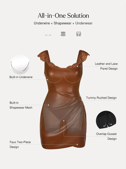 Shapewear Faux Leather Draped Lace Mini Dress