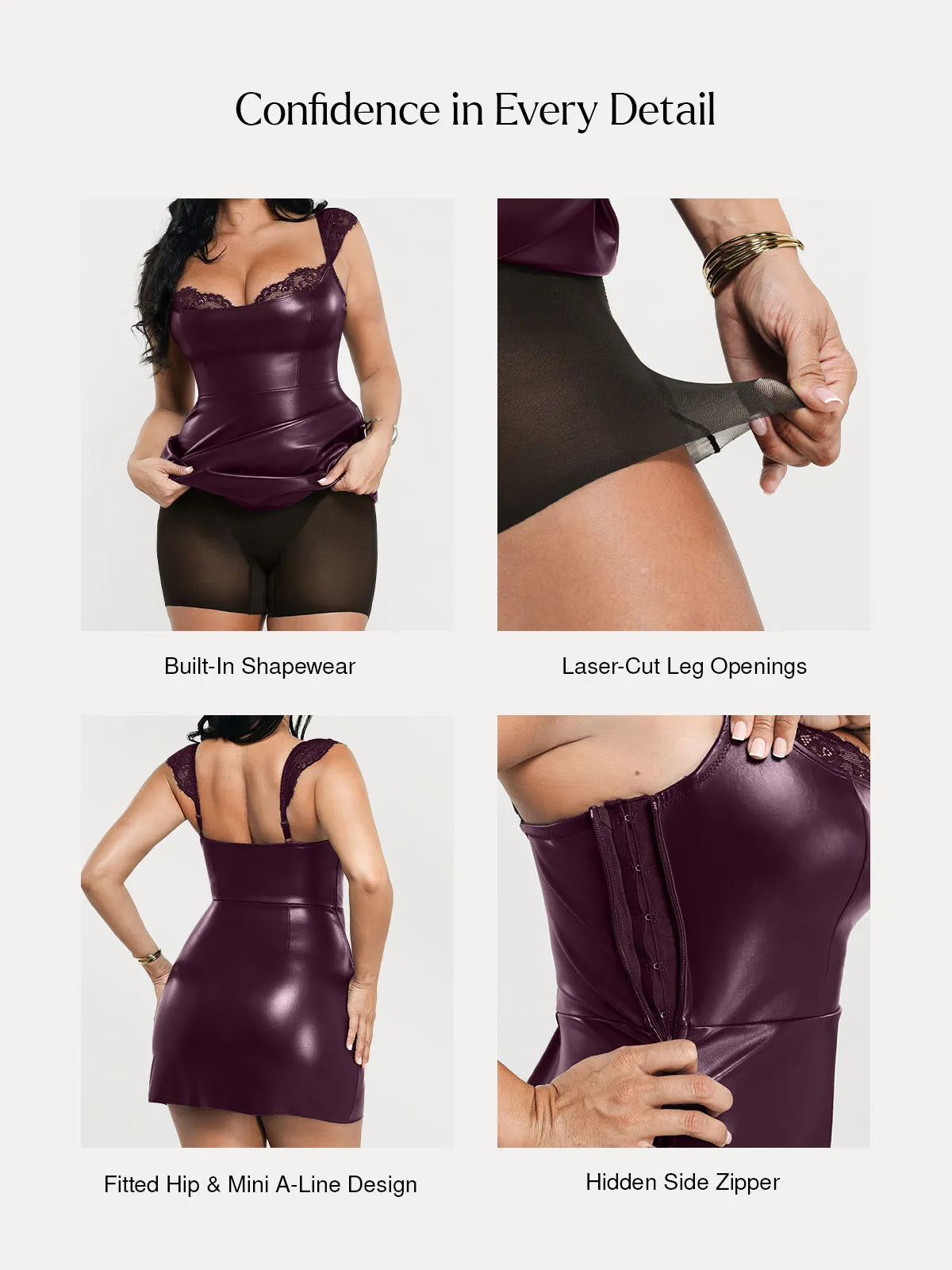 Shapewear Faux Leather Draped Lace Mini Dress