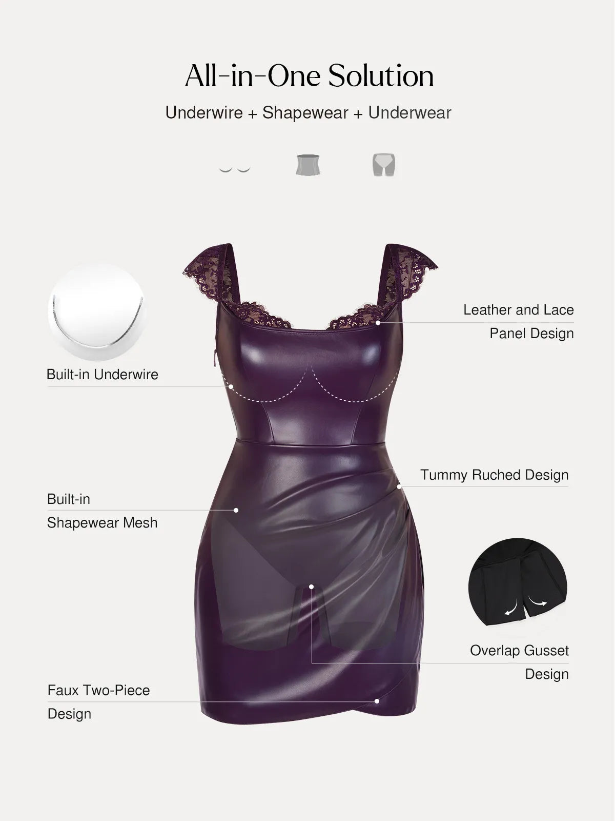 Shapewear Faux Leather Draped Lace Mini Dress